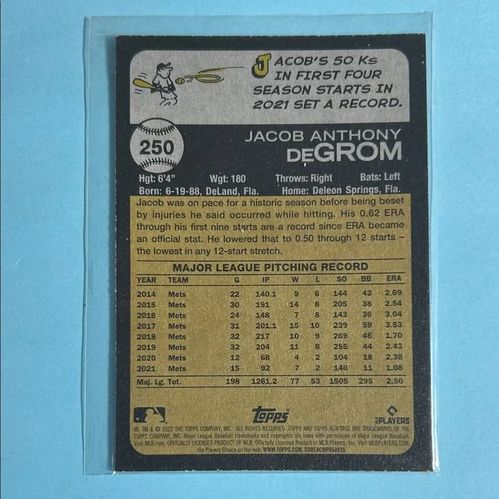 2022 Topps Heritage Purple chrome Jacob deGrom NY Mets,Baseball Card #250